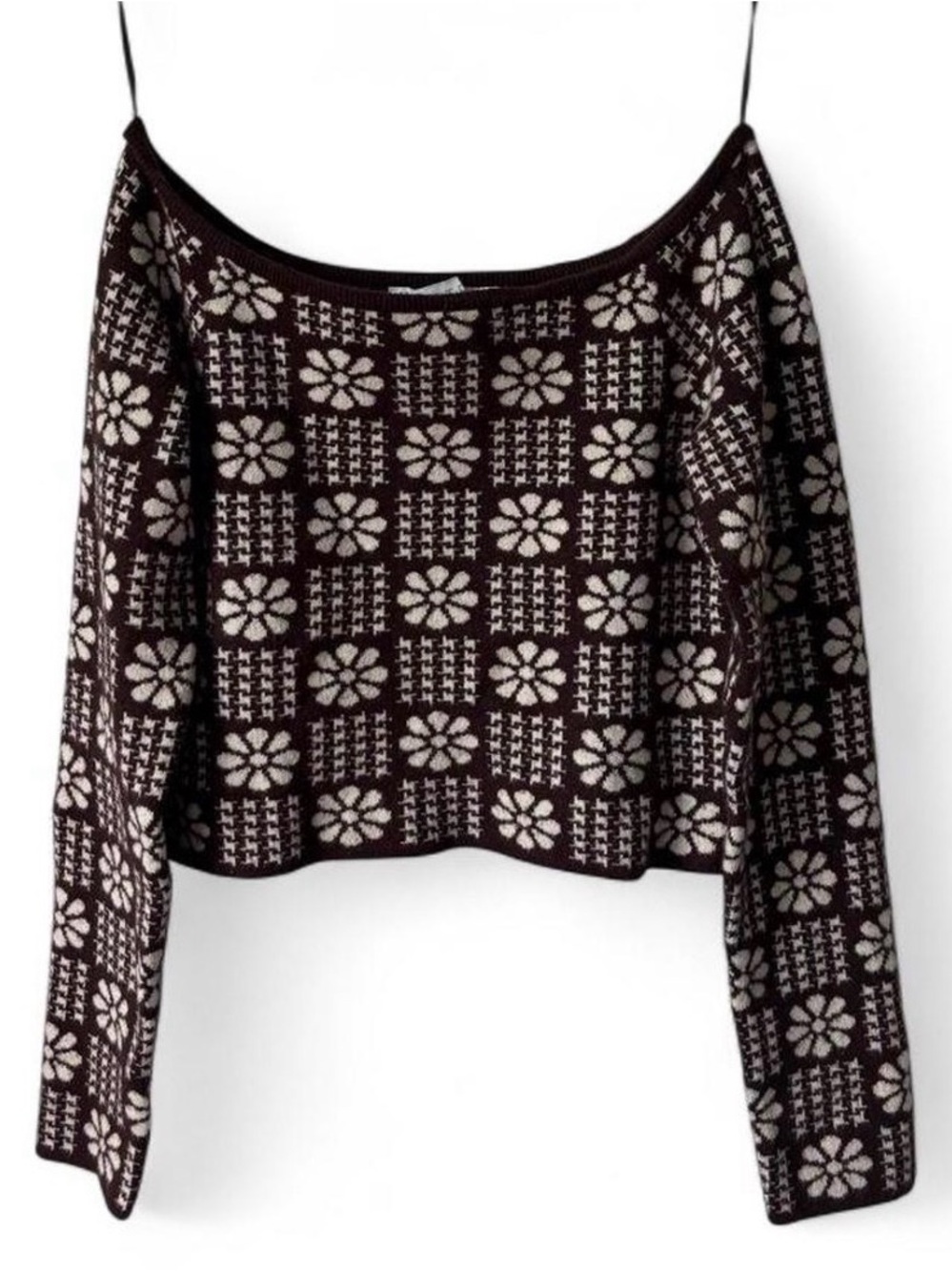 ASTR The Label Brown & Cream Floral Jacquard Off Shoulder Crop Sweater Size M